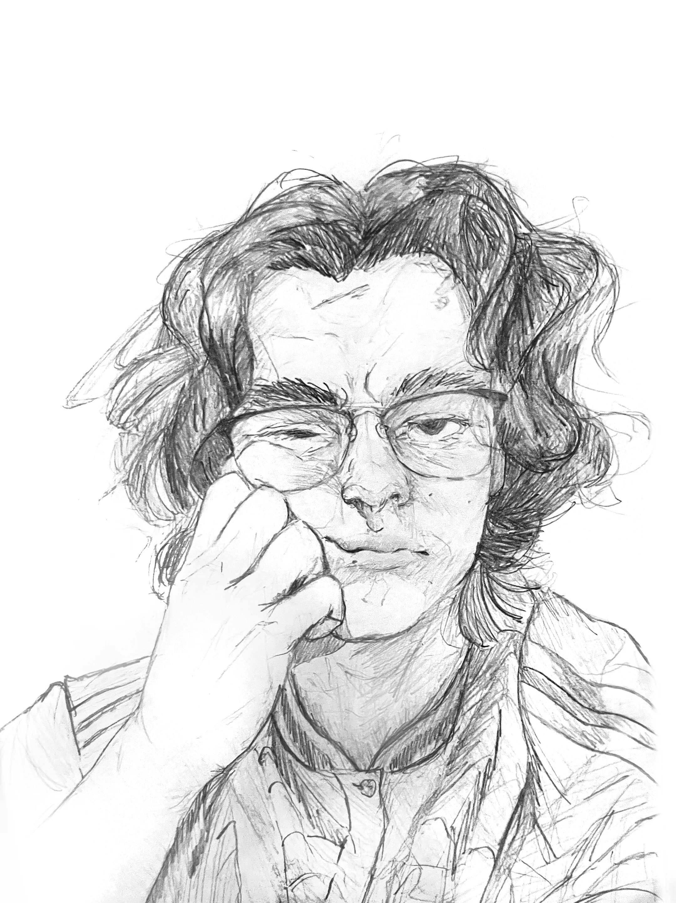 A detailed pencil sketch of a guy with shoulder-length, wavy hair and big, round glasses. He's got a thoughtful look, with one hand chilling on his chin. He's rocking a collared shirt with the collar open. The background is plain white, making him stand out. The style is realistic with loads of line detail.